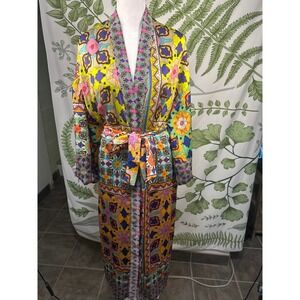 ZARA Womens Multicolor Patchwork Floral Psychedelic Satin Long Kimono Robe XS
